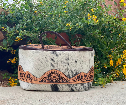 Tooled Leather & Cowhide Cosmetic Bag