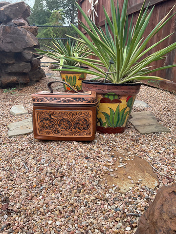 Floral Tooled Leather Cosmetic Bag