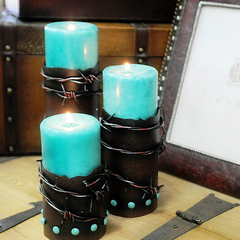 Barbwire & Turquoise Pillar Candle Holder Set